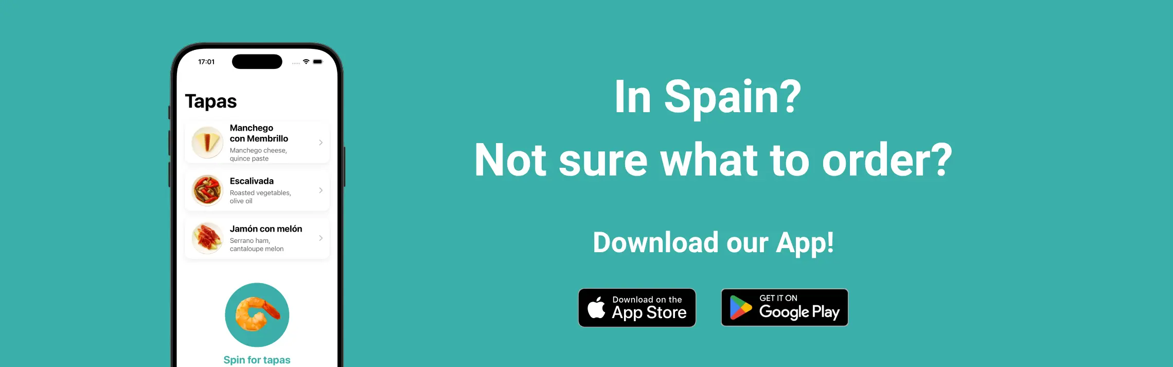 Tapas Hunters app banner — iPhone showing tapas list and spin feature on teal background with App Store and Google Play buttons