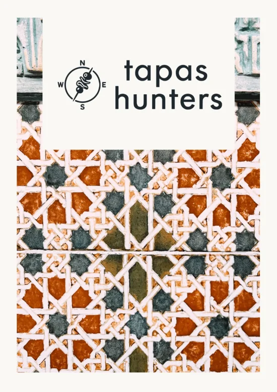 Close-up of intricate Moorish-style geometric tiles in rust orange, white, and dark grey with the Tapas Hunters logo overlaid on top.