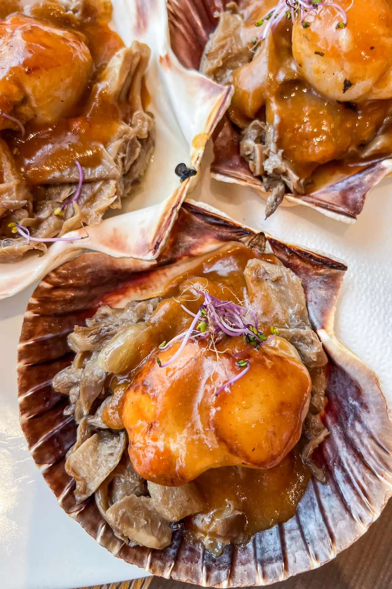 Vieira en crema de marisco con setas — seared scallop in shellfish cream with wild mushrooms served in the shell with microgreens, Papatorio, Santiago de Compostela