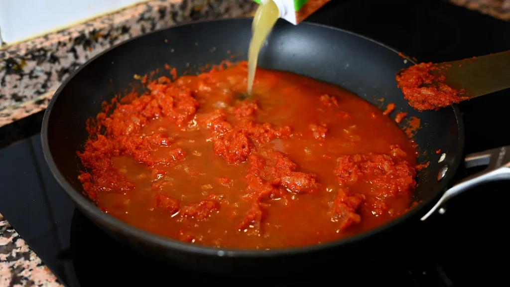 Close-up of pouring vegetable stock into a pan with the tomato and spice mixture during step 12 of the garbanzos con espinacas recipe for Tapas Hunters.