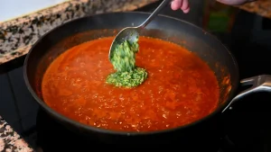 Close-up of stirring the blended almond, garlic, and parsley paste into the simmering sauce during step 14 of the garbanzos con espinacas recipe for Tapas Hunters.