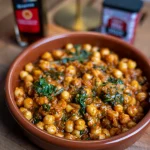 Close-up of a traditional Spanish chickpea and spinach stew (garbanzos con espinacas) served in a terracotta bowl with bottles of sherry vinegar and spices in the background.