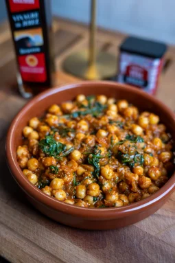 Close-up of a traditional Spanish chickpea and spinach stew (garbanzos con espinacas) served in a terracotta bowl with bottles of sherry vinegar and spices in the background.