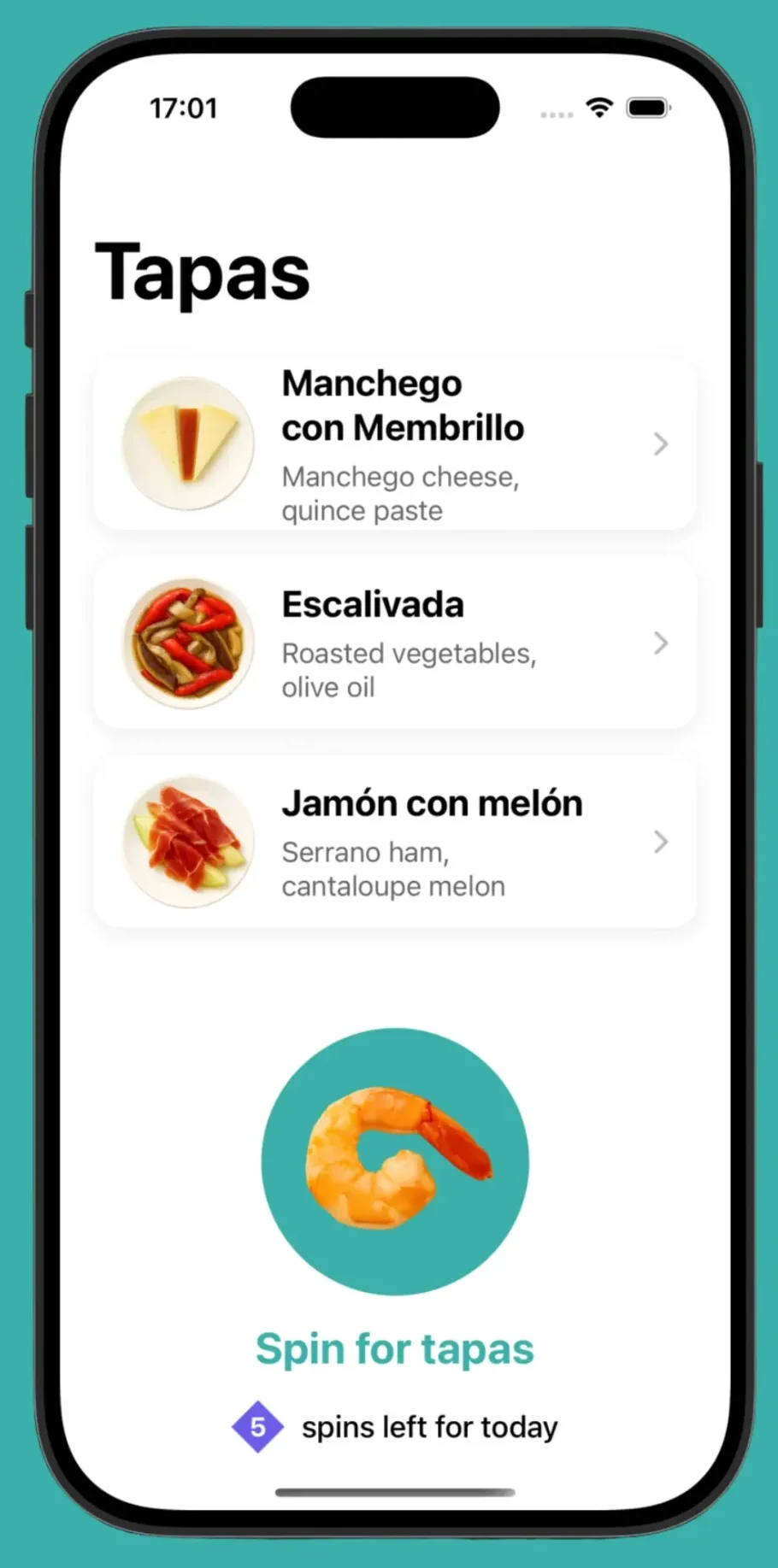 Tapas Spinner app showing three Spanish tapas ideas